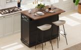 K&K 46.5'' Farmhouse Kitchen Island with Drape of Beads, Power Outlet, Rolling Kitchen Cart on Wheels with Drop Leaf, 3 Doors