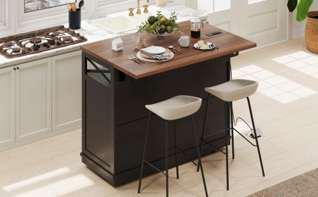 K&K 46.5'' Farmhouse Kitchen Island with Drape of Beads, Power Outlet, Rolling Kitchen Cart on Wheels with Drop Leaf, 3 Doors