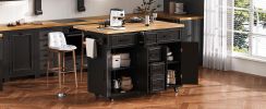 K&K 56.5'' Kitchen Island with Drop Leaf, Power Outlet, Embossed Vertical Stripe Rolling Kitchen Cart on Wheels with 4 Doors