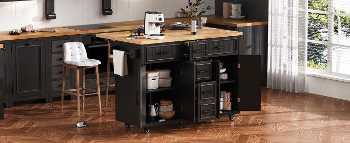 K&K 56.5'' Kitchen Island with Drop Leaf, Power Outlet, Embossed Vertical Stripe Rolling Kitchen Cart on Wheels with 4 Doors