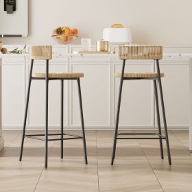 Hand Woven Bar Stools with Back Set of 2 Paper Rope Round Barstools with Footrest for Kitchen Island & Dining Rooms (Black & Honey)
