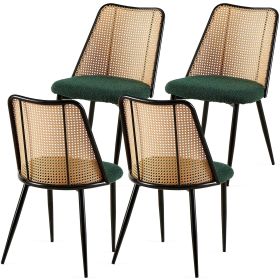 Green Rattan Dining Chairs Set of 4,Boucle Chairs with Natural Cane Back, Upholstered Dining Room Kitchen Chair for Dining Room Kitchen, Living R