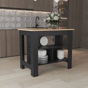 Kitchen Island 35.4" H, with 3 Shelves, Black / Light Pine