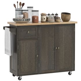 HOMCOM Triple-Cabinet Rolling Kitchen Island on Wheels, Kitchen Cart with Storage Shelf Adjustment, Rolling Utility Cart with Wood Top, Towel Rac