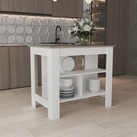 Kitchen Island 35.4" H, with 3 Shelves, White / Taupe