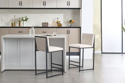 Counter Height Bar Stools Set of 2, Upholstered Linen Bar Chairs, Metal Footrest and Frame for Kitchen,Dining Room-IVORY