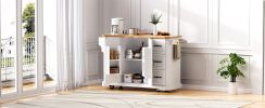 K&K 56 inch Kitchen Island with Rubber Wood Veneer Drop Leaf, Power Outlet, 4 Door Shelves