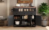 K&K 46.5'' Farmhouse Kitchen Island with Drape of Beads, Power Outlet, Rolling Kitchen Cart on Wheels with Drop Leaf, 3 Doors