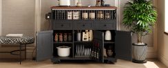K&K 46.5'' Farmhouse Kitchen Island with Drape of Beads, Power Outlet, Rolling Kitchen Cart on Wheels with Drop Leaf, 3 Doors