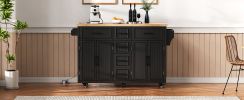 K&K 56.5'' Kitchen Island with Drop Leaf, Power Outlet, Embossed Vertical Stripe Rolling Kitchen Cart on Wheels with 4 Doors
