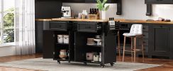 K&K 56.5'' Kitchen Island with Drop Leaf, Power Outlet, Embossed Vertical Stripe Rolling Kitchen Cart on Wheels with 4 Doors