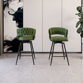 26" Bar Chair Linen Woven Bar Stool Set of 2,Black legs Barstools No Adjustable Kitchen Island Chairs (Color: as Pic)